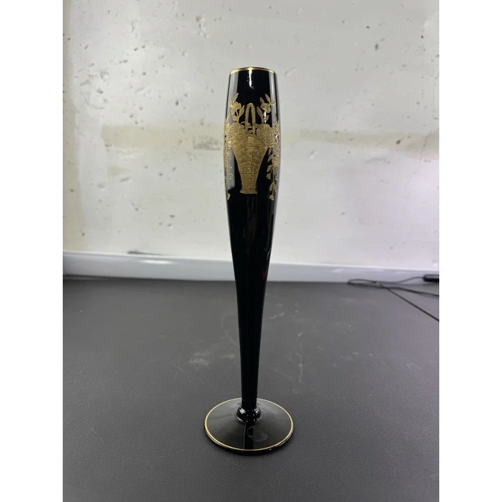 Central Glass Works‎ Bud Vase Black Glass Gold Basket Etch 10 inch